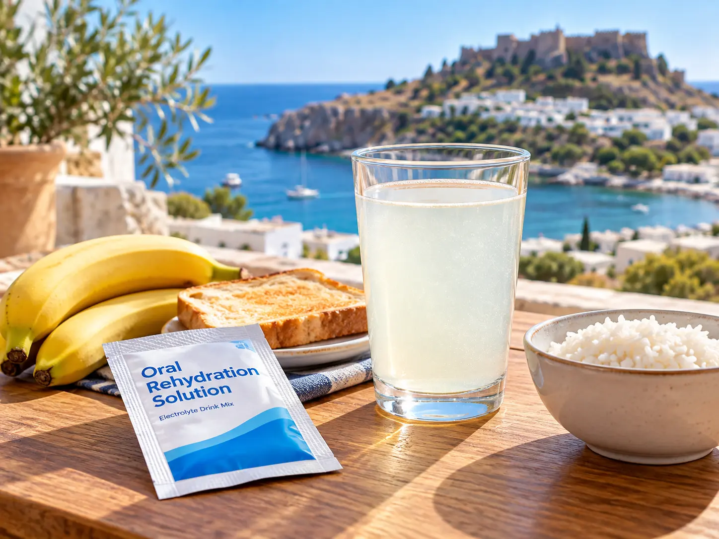 Oral rehydration solution with bananas, toast and rice for recovery from gastroenteritis and dehydration.
