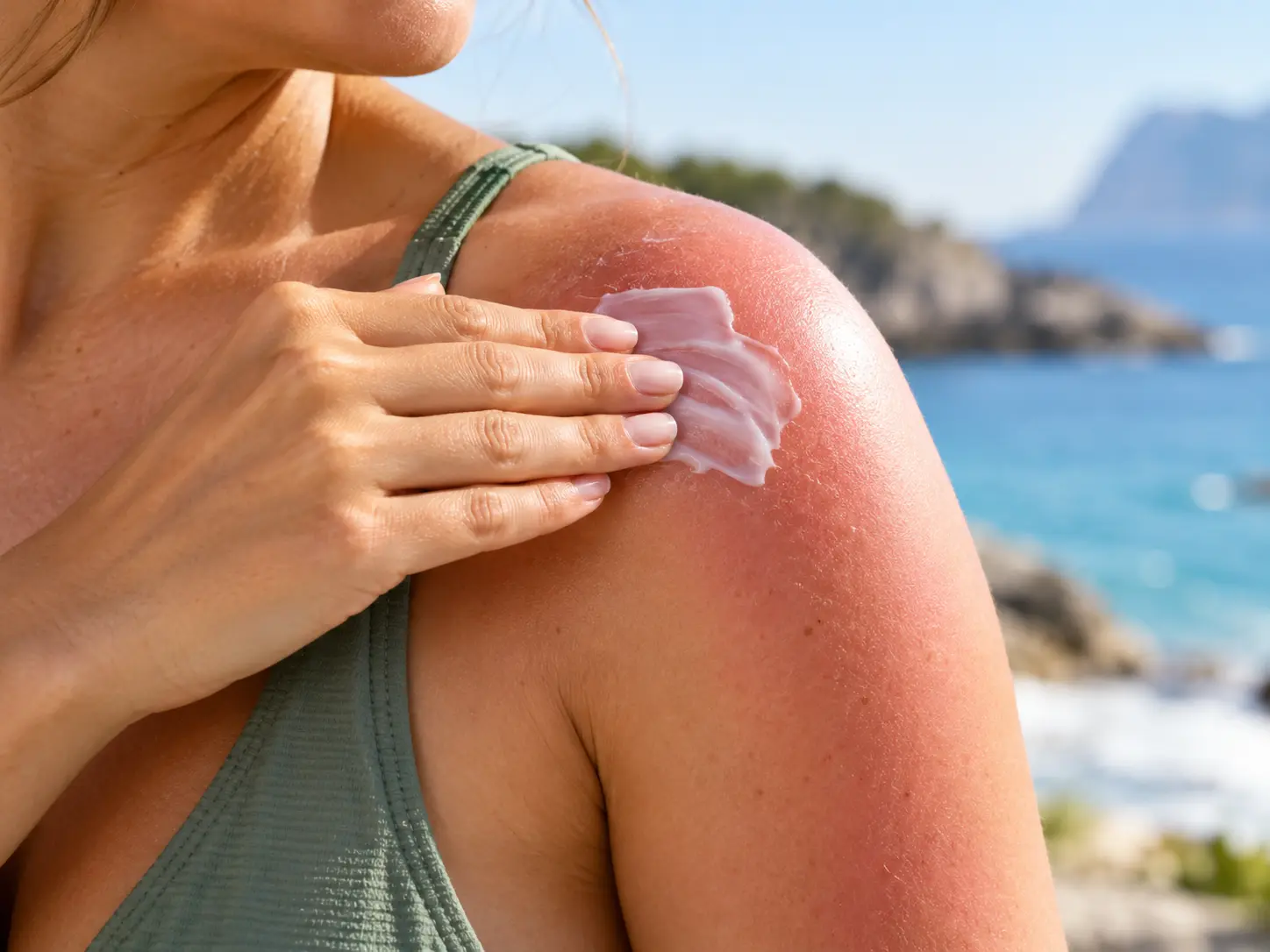 Applying soothing moisturiser to mild sunburned skin