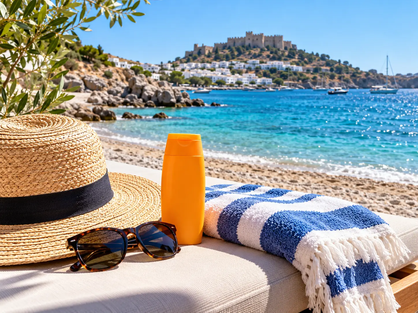Sun protection essentials including sunscreen, hat and sunglasses at the beach
