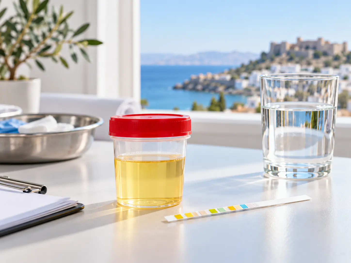 Urine sample and test strip used for UTI assessment in Rhodes
