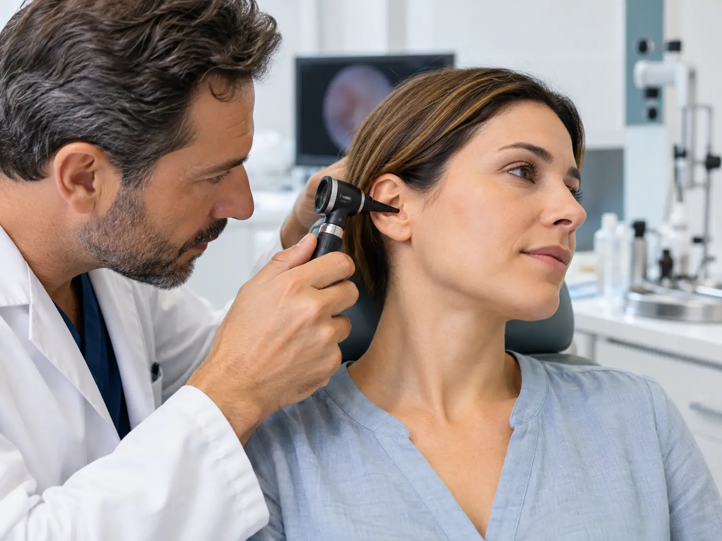 HNO-Arzt in Rhodos untersucht das Ohr eines Patienten mit einem Otoskop, um Ohrenschmerzen und Badeotitis zu diagnostizieren.