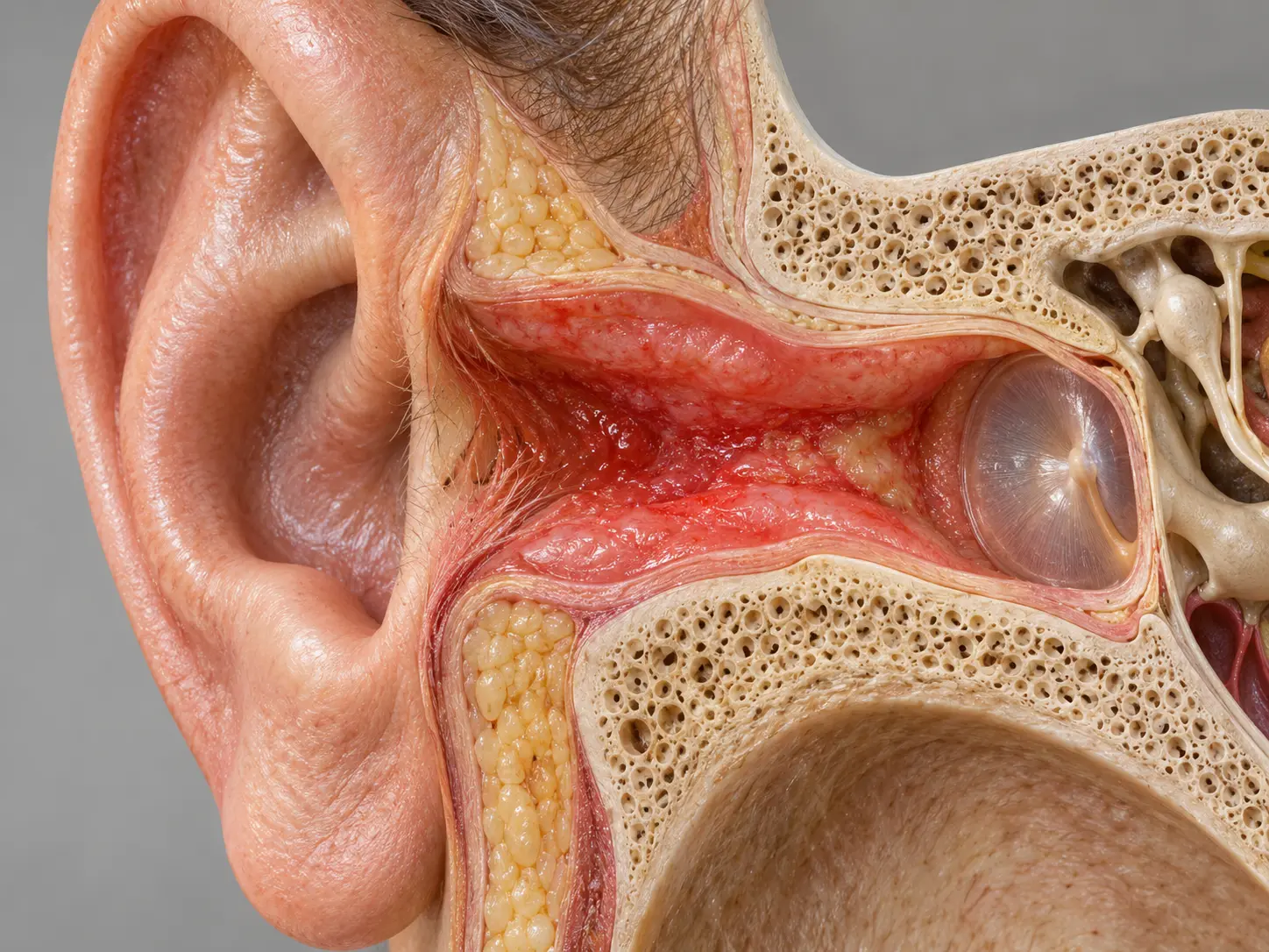 Photorealistische medizinische Illustration einer Otitis externa mit Rötung, Schwellung und Entzündung des äußeren Gehörgangs.