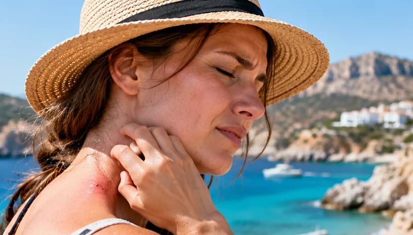 Tourist experiencing an itchy insect bite during a summer holiday by the sea in Rhodes.