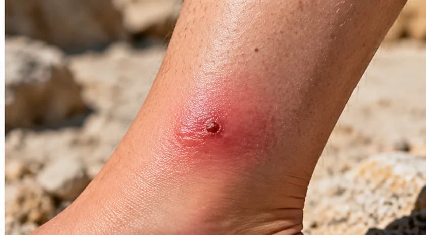 Close-up of an inflamed insect bite with localized redness, swelling and a central skin lesion.