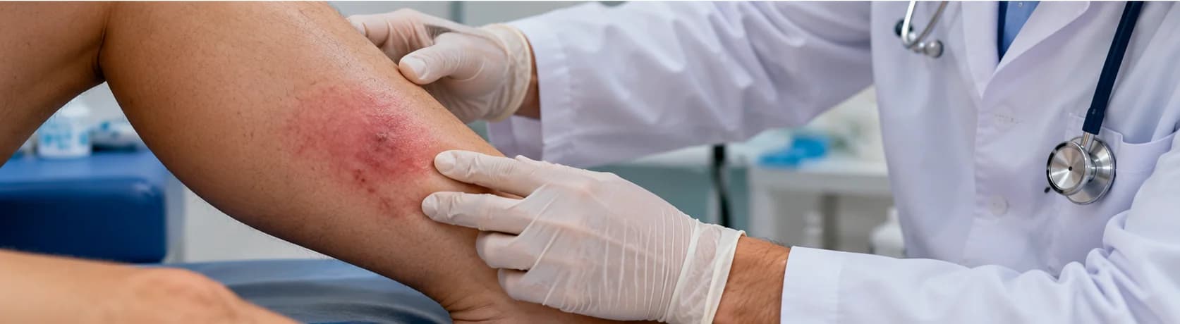 Doctor examining an inflamed insect bite on a patient's leg during a medical consultation.